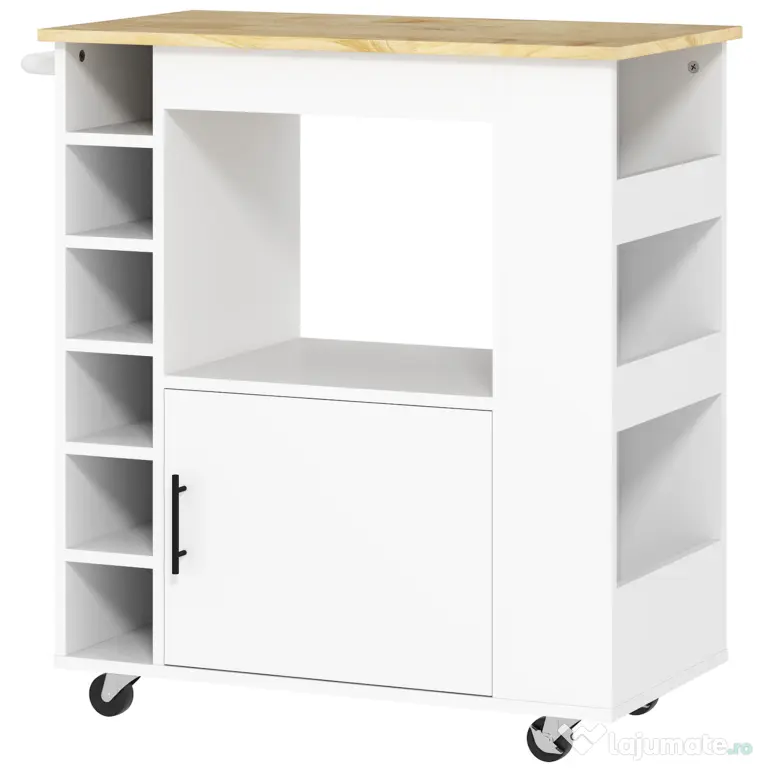 HOMCOM Dulap Mobil pentru Bucătărie cu Roți, Rafturi, Dulap și Suport pentru Sticle, 83x40x83 cm, Stejar