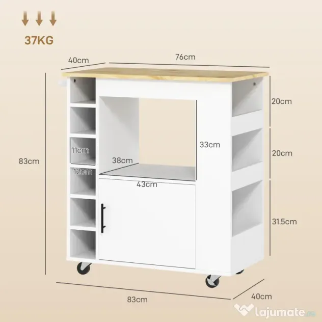 HOMCOM Dulap Mobil pentru Bucătărie cu Roți, Rafturi, Dulap și Suport pentru Sticle, 83x40x83 cm, Stejar