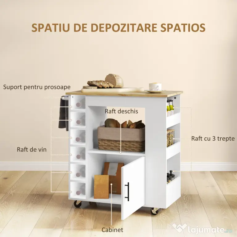 HOMCOM Dulap Mobil pentru Bucătărie cu Roți, Rafturi, Dulap și Suport pentru Sticle, 83x40x83 cm, Stejar