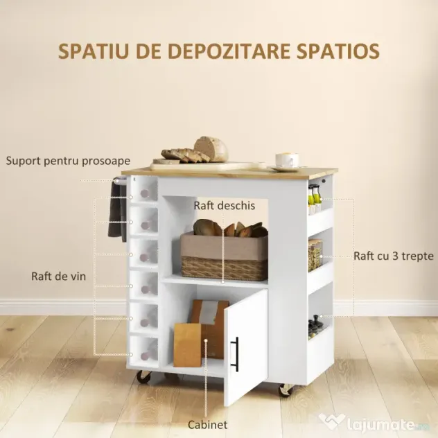HOMCOM Dulap Mobil pentru Bucătărie cu Roți, Rafturi, Dulap și Suport pentru Sticle, 83x40x83 cm, Stejar