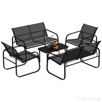 Outsunny Set de Grădină cu 2 Canapele cu 2 Locuri, 2 Fotolii și o Măsuță de Cafea cu Blat din Sticlă, Negru