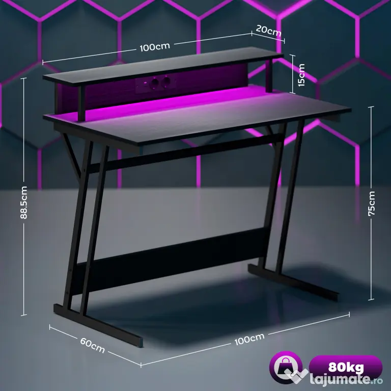 HOMCOM Birou de Gaming cu Lumini LED și Suport pentru Monitor, Masă Gaming cu Port USB și TYPE C, 100x60x88,5 cm, Negru | Aosom Romania