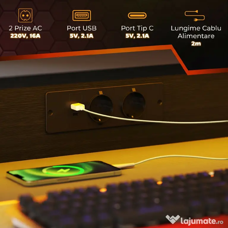 HOMCOM Birou de Gaming cu Lumini LED și Suport pentru Monitor, Masă Gaming cu Port USB și TYPE C, 100x60x88,5 cm, Negru | Aosom Romania