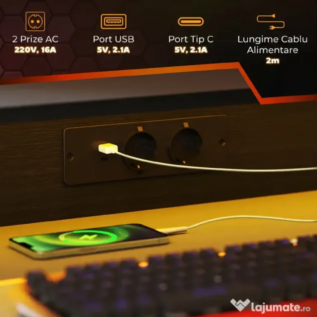 HOMCOM Birou de Gaming cu Lumini LED și Suport pentru Monitor, Masă Gaming cu Port USB și TYPE C, 100x60x88,5 cm, Negru | Aosom Romania