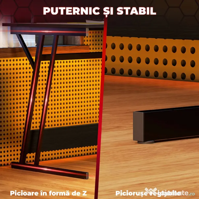 HOMCOM Birou de Gaming cu Lumini LED și Suport pentru Monitor, Masă Gaming cu Port USB și TYPE C, 100x60x88,5 cm, Negru | Aosom Romania