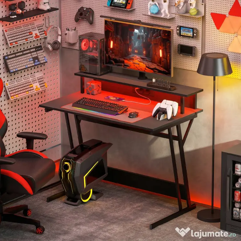HOMCOM Birou de Gaming cu Lumini LED și Suport pentru Monitor, Masă Gaming cu Port USB și TYPE C, 100x60x88,5 cm, Negru | Aosom Romania