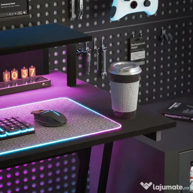 HOMCOM Birou de Gaming cu Lumini LED și Suport pentru Monitor, Masă Gaming cu Port USB și TYPE C, 100x60x88,5 cm, Negru | Aosom Romania