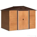Outsunny Căsuță de Grădină din Oțel cu Efect de Lemn și Uși Duble Glisante, 278x195x215 cm, Maro