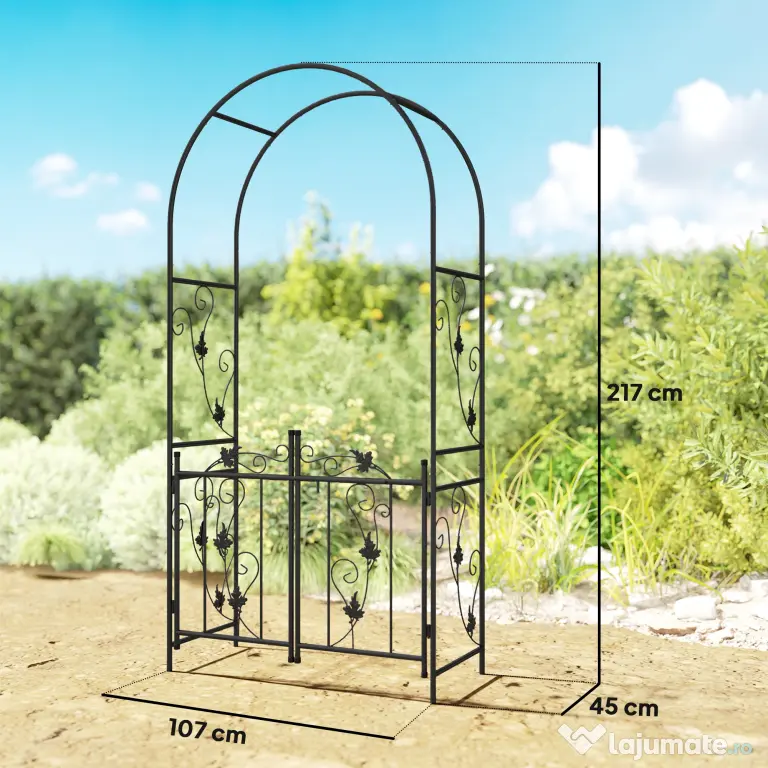 Outsunny Arc de Grădină cu Poartă și Grilaj pentru Plante Cățărătoare, 2,2x1 m, Negru | Aosom Romania