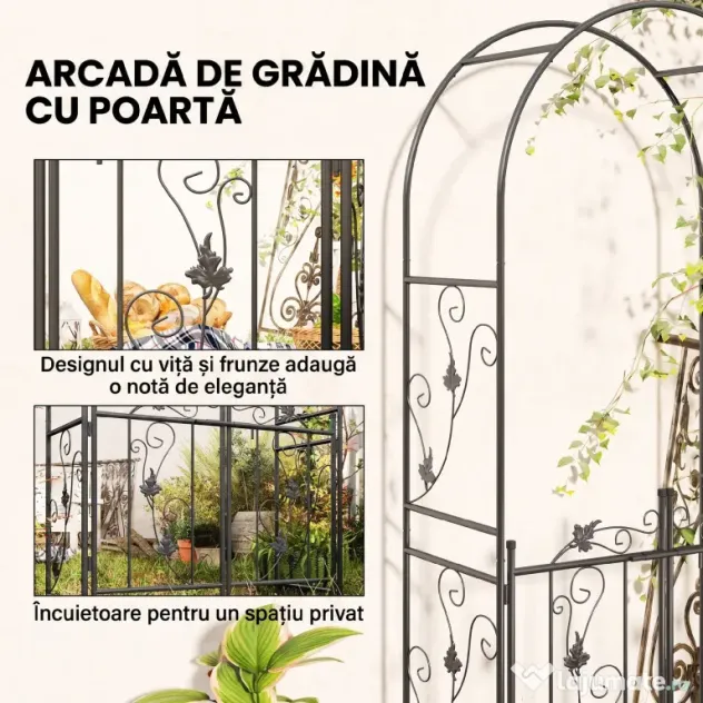 Outsunny Arc de Grădină cu Poartă și Grilaj pentru Plante Cățărătoare, 2,2x1 m, Negru | Aosom Romania