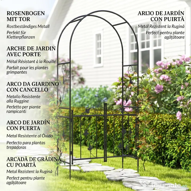Outsunny Arc de Grădină cu Poartă și Grilaj pentru Plante Cățărătoare, 2,2x1 m, Negru | Aosom Romania