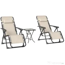 Outsunny Set de 2 Șezlonguri de Grădină cu Gravitație Zero și Măsuță cu Suport pentru Pahare, 47x47x54 cm, Bej | Aosom Romania