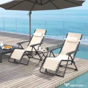 Outsunny Set de 2 Șezlonguri de Grădină cu Gravitație Zero și Măsuță cu Suport pentru Pahare, 47x47x54 cm, Bej | Aosom Romania 