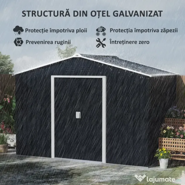 Outsunny Șopron pentru Unelte cu Acoperiș Înclinat și Uși Glisante Duble, 277x195x192 cm, Gri Închis | Aosom Romania