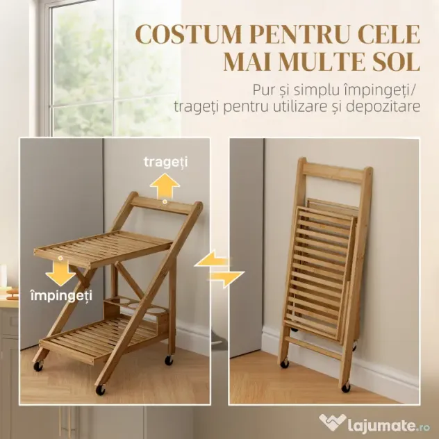 HOMCOM Servantă pliabilă pe 2 niveluri, din lemn de bambus, cu suport pentru sticle