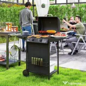 Outsunny Grătar pe Gaz cu Capac, Termometru, Măsuță Laterală și Tavă pentru Colectarea Grăsimii, 107x54x96 cm, Negru | Aosom Romania 