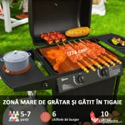 Outsunny Grătar pe Gaz cu Capac, Termometru, Măsuță Laterală și Tavă pentru Colectarea Grăsimii, 107x54x96 cm, Negru | Aosom Romania 