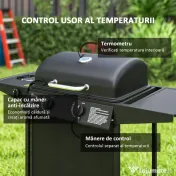 Outsunny Grătar pe Gaz cu Capac, Termometru, Măsuță Laterală și Tavă pentru Colectarea Grăsimii, 107x54x96 cm, Negru | Aosom Romania 