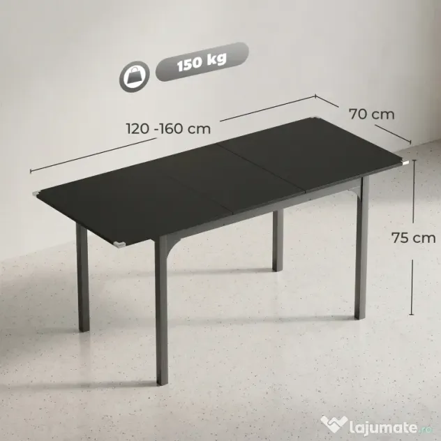 HOMCOM Masă de Grădină Extensibilă pentru 4-6 Persoane cu Picioare din Oțel, 160x70x75 cm, Negru | Aosom Romania