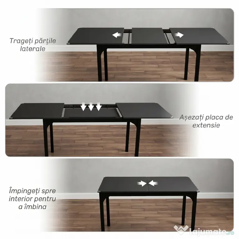 HOMCOM Masă de Grădină Extensibilă pentru 4-6 Persoane cu Picioare din Oțel, 160x70x75 cm, Negru | Aosom Romania