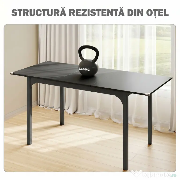 HOMCOM Masă de Grădină Extensibilă pentru 4-6 Persoane cu Picioare din Oțel, 160x70x75 cm, Negru | Aosom Romania