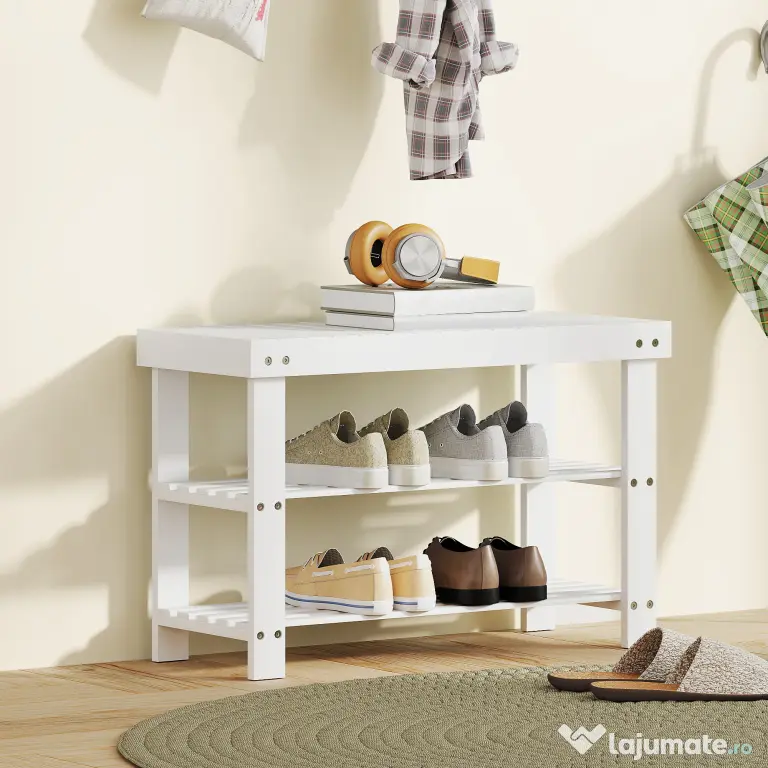 HOMCOM Pantofar tip Băncuță pentru Hol cu 3 Niveluri, 70x28x45 cm, Lemn natural | Aosom Romania