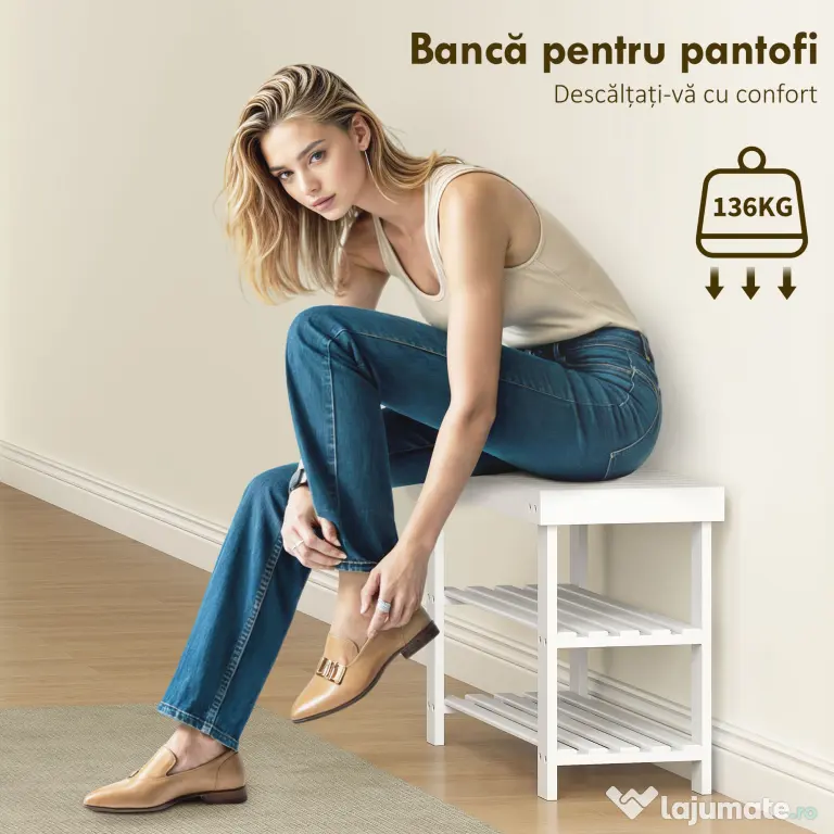 HOMCOM Pantofar tip Băncuță pentru Hol cu 3 Niveluri, 70x28x45 cm, Lemn natural | Aosom Romania