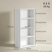 HOMCOM Bibliotecă cu 4 Rafturi și 2 Rafturi Flexibile, din Lemn, 60x24x115.5 cm, Alb