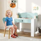 AIYAPLAY Set Birou cu Sertar și Scaun Ursuleț pentru Copii 3-8 Ani Verde | Aosom Romania 