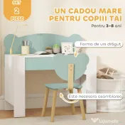 AIYAPLAY Set Birou cu Sertar și Scaun Ursuleț pentru Copii 3-8 Ani Verde | Aosom Romania 