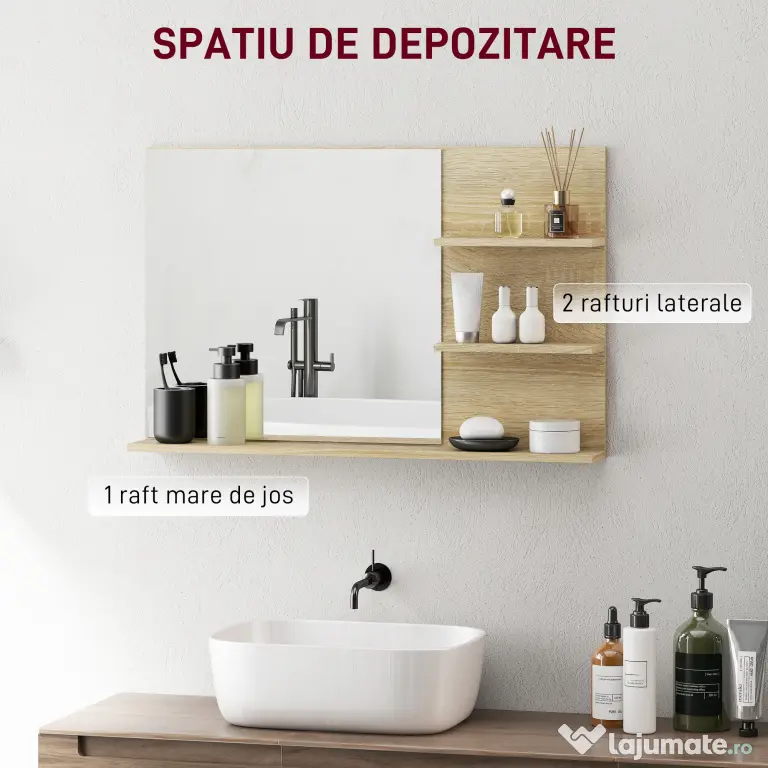 kleankin Oglindă de Baie cu 2 Rafturi Laterale și Raft Inferior, Culoare Lemn | Aosom Romania