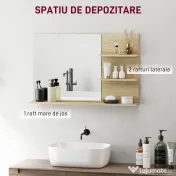 kleankin Oglindă de Baie cu 2 Rafturi Laterale și Raft Inferior, Culoare Lemn | Aosom Romania 