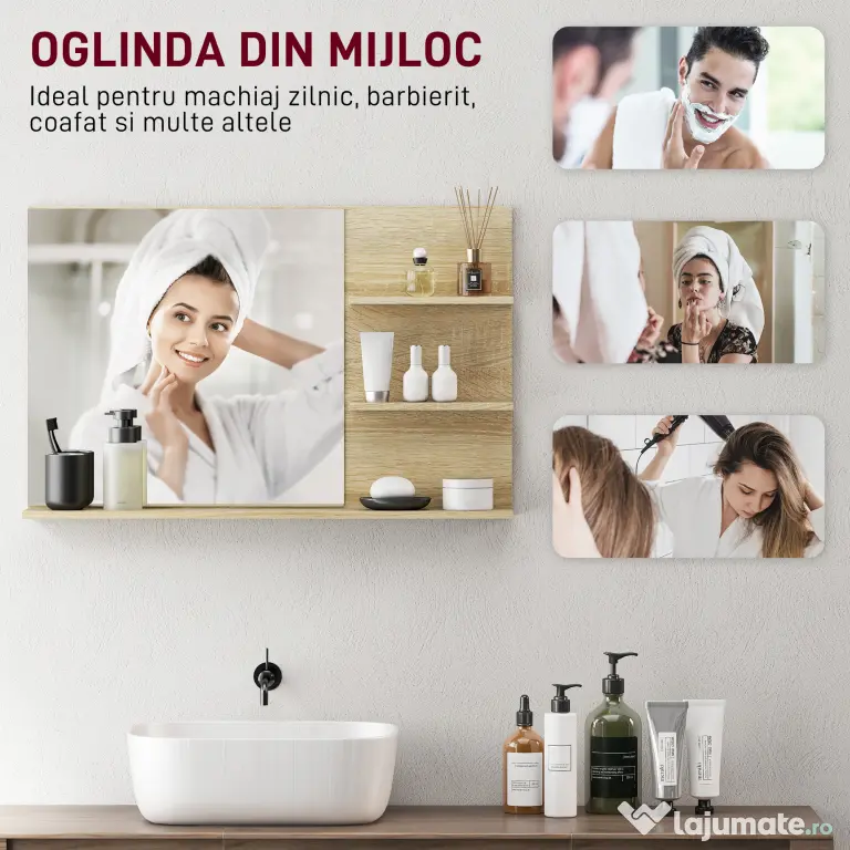 kleankin Oglindă de Baie cu 2 Rafturi Laterale și Raft Inferior, Culoare Lemn | Aosom Romania