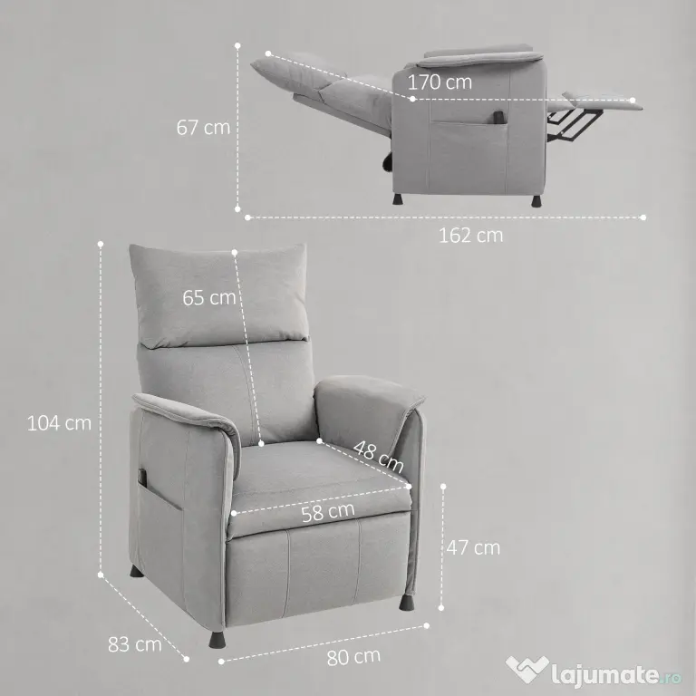 HOMCOM Fotoliu Reclinabil Electric pentru Living cu Suport pentru Picioare, Gri | Aosom Romania