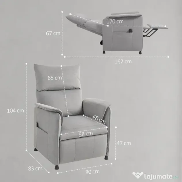 HOMCOM Fotoliu Reclinabil Electric pentru Living cu Suport pentru Picioare, Gri | Aosom Romania
