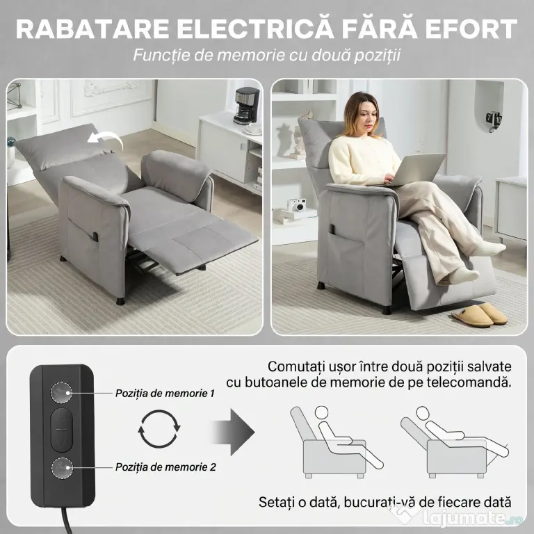 HOMCOM Fotoliu Reclinabil Electric pentru Living cu Suport pentru Picioare, Gri | Aosom Romania