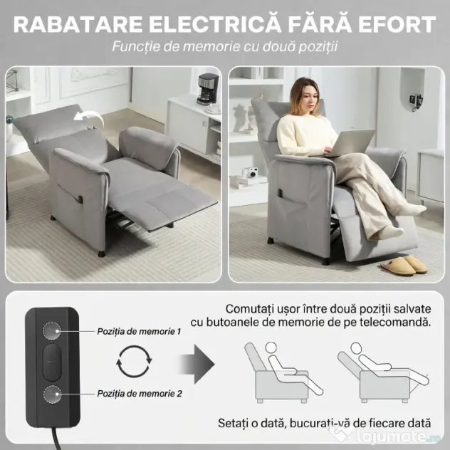 HOMCOM Fotoliu Reclinabil Electric pentru Living cu Suport pentru Picioare, Gri | Aosom Romania