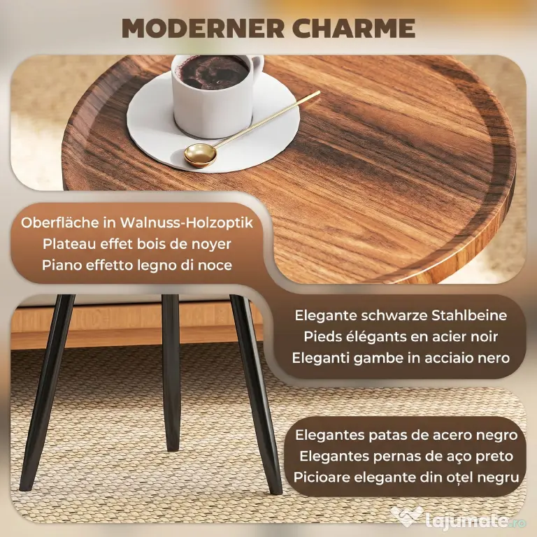 HOMCOM Măsuță de Cafea Modernă Rotundă cu Cadru din Oțel pentru Spații Mici, Lângă Canapea, Sufragerie, Dormitor, Efect de Lemn Castan | Aosom Romania