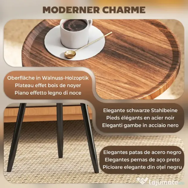 HOMCOM Măsuță de Cafea Modernă Rotundă cu Cadru din Oțel pentru Spații Mici, Lângă Canapea, Sufragerie, Dormitor, Efect de Lemn Castan | Aosom Romania
