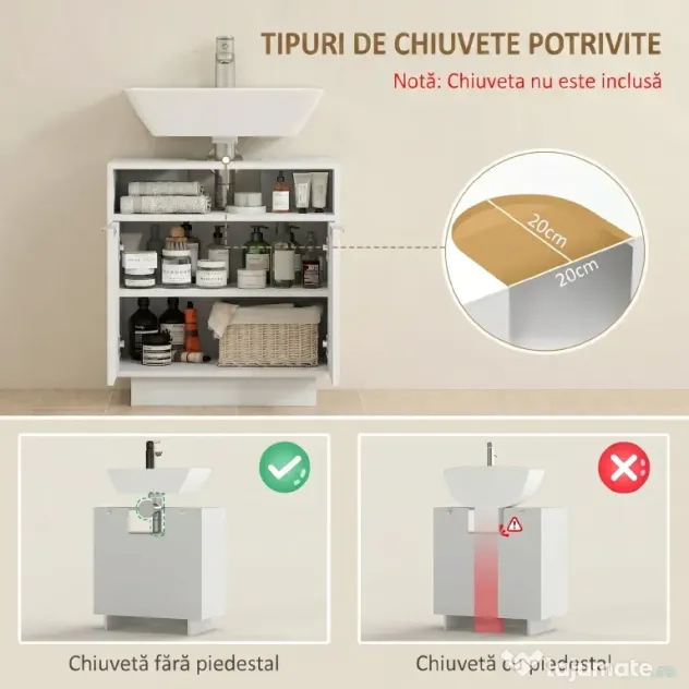 HOMCOM Dulap de Baie Sub Chiuvetă cu Raft Interior Ajustabil Alb | Aosom Romania