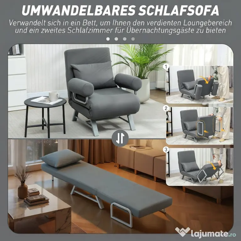 HOMCOM Fotoliu Pat 3 în 1 cu Spătar Reclinabil pe 5 Nivele, din Țesătură Efect de In, 73x78x81 cm, Gri Închis | Aosom Romania