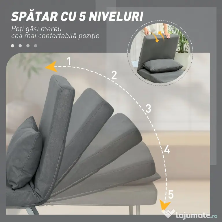 HOMCOM Fotoliu Pat 3 în 1 cu Spătar Reclinabil pe 5 Nivele, din Țesătură Efect de In, 73x78x81 cm, Gri Închis | Aosom Romania
