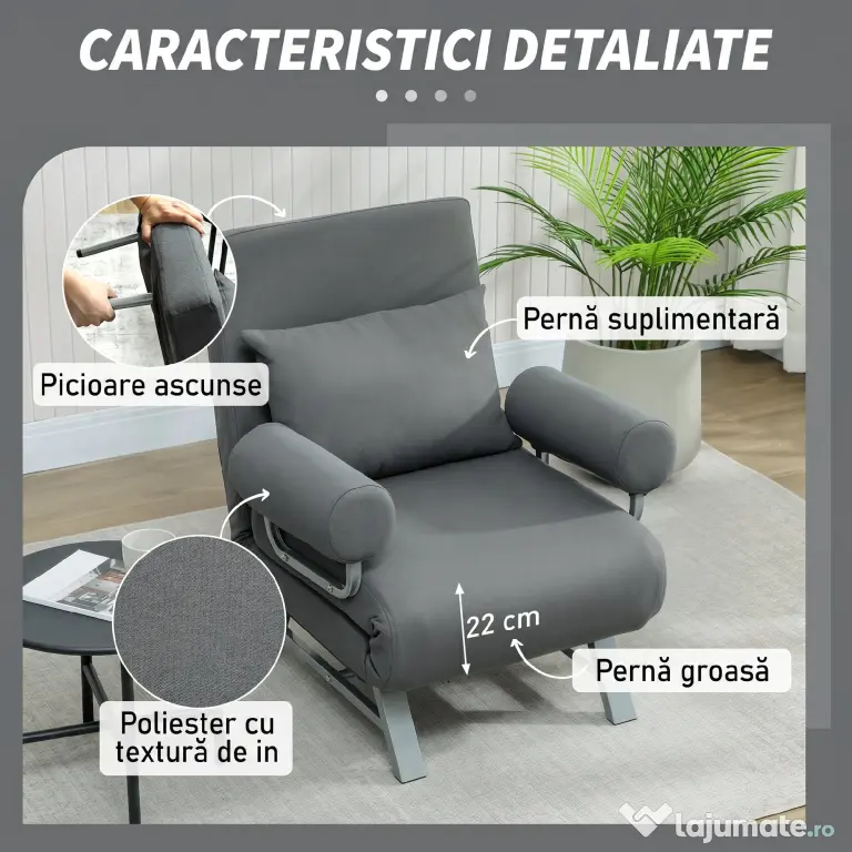 HOMCOM Fotoliu Pat 3 în 1 cu Spătar Reclinabil pe 5 Nivele, din Țesătură Efect de In, 73x78x81 cm, Gri Închis | Aosom Romania