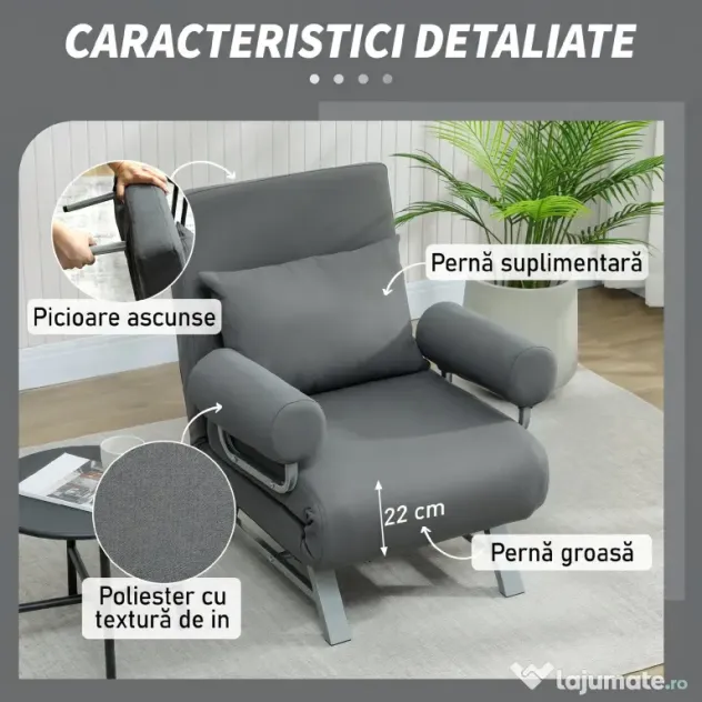 HOMCOM Fotoliu Pat 3 în 1 cu Spătar Reclinabil pe 5 Nivele, din Țesătură Efect de In, 73x78x81 cm, Gri Închis | Aosom Romania