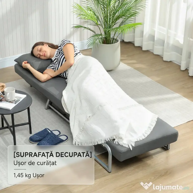 HOMCOM Fotoliu Pat 3 în 1 cu Spătar Reclinabil pe 5 Nivele, din Țesătură Efect de In, 73x78x81 cm, Gri Închis | Aosom Romania