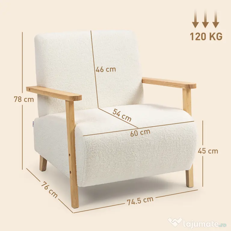 HOMCOM Fotoliu de Living din Material Sherpa și Lemn Stil Nordic, Crem | Aosom Romania