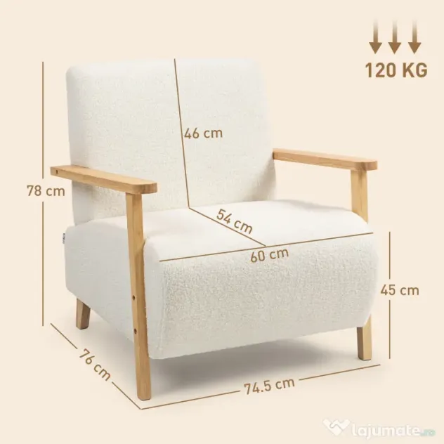 HOMCOM Fotoliu de Living din Material Sherpa și Lemn Stil Nordic, Crem | Aosom Romania