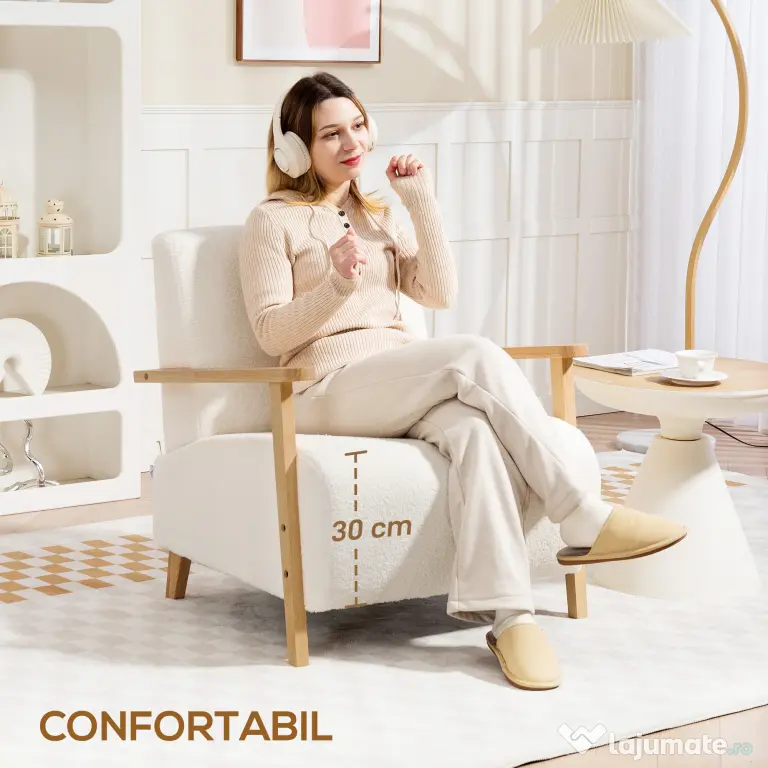 HOMCOM Fotoliu de Living din Material Sherpa și Lemn Stil Nordic, Crem | Aosom Romania