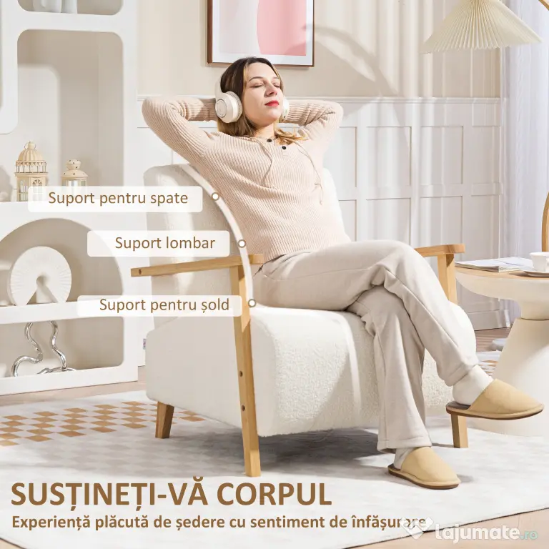 HOMCOM Fotoliu de Living din Material Sherpa și Lemn Stil Nordic, Crem | Aosom Romania