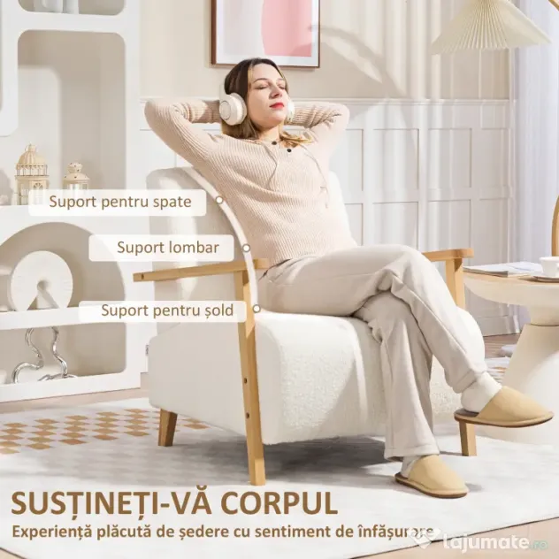 HOMCOM Fotoliu de Living din Material Sherpa și Lemn Stil Nordic, Crem | Aosom Romania